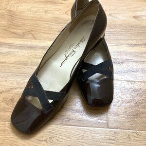 Ferragamo Chocolate Brown Patent Leather Square Toe Ballet Flats